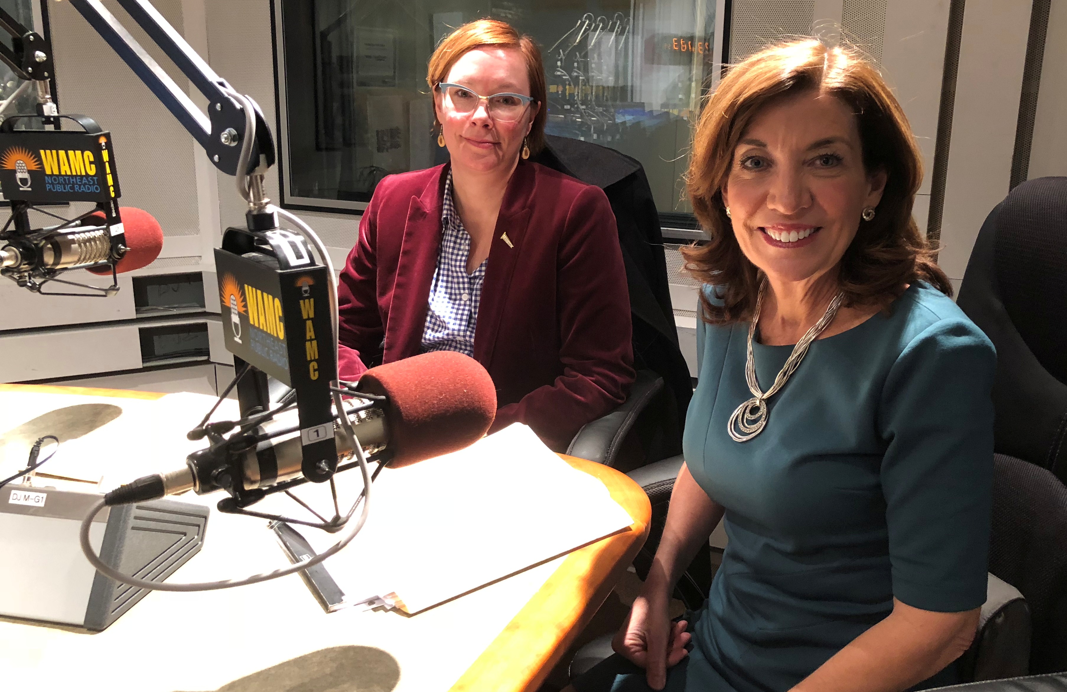 New York's Lieutenant Governor Kathy Hochul, right, speaking with Jennifer Lemak of the New York State Museum at WAMC's studios.