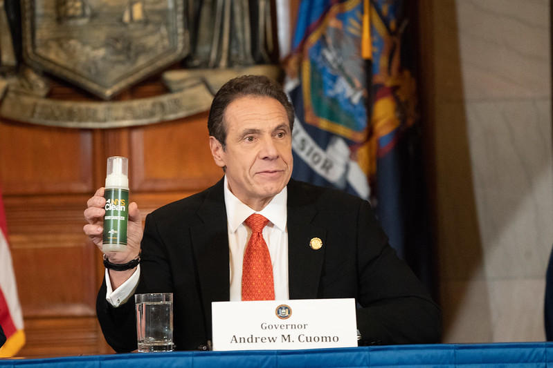 Gov. Andrew Cuomo with the state's new hand sanitizer.