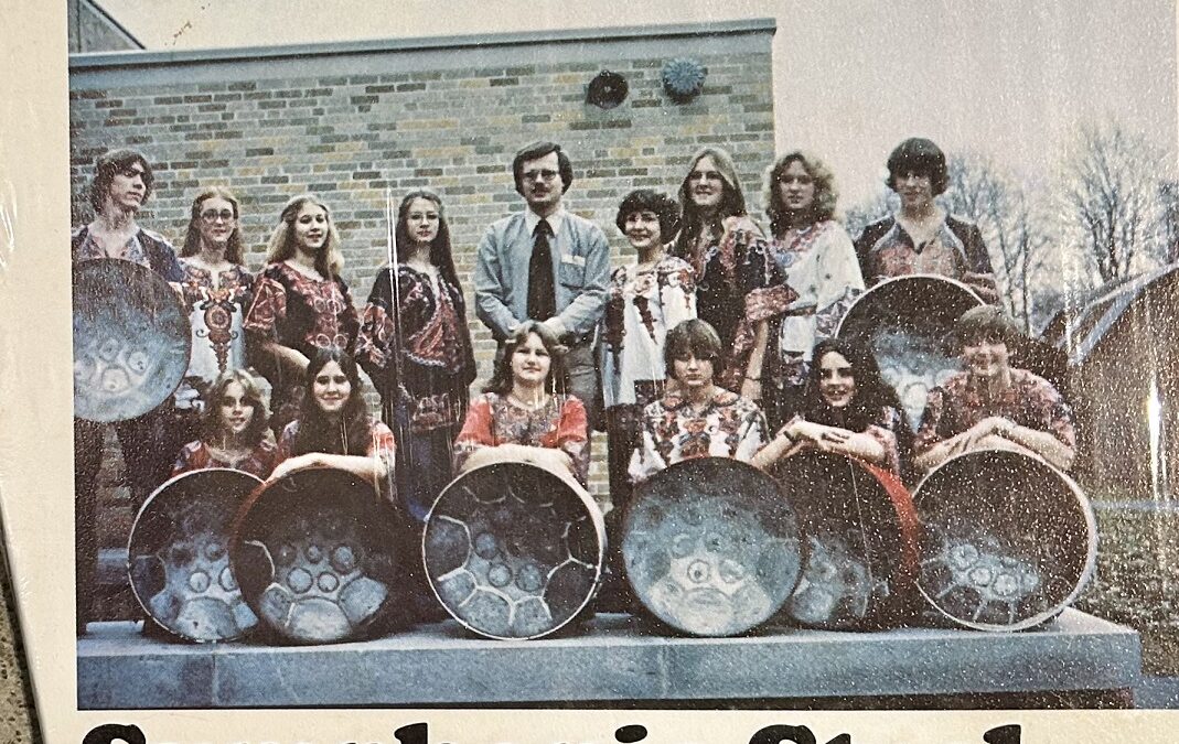 Members of Symphonic Steel on the sleeve of their first record, “Goin’ Places”