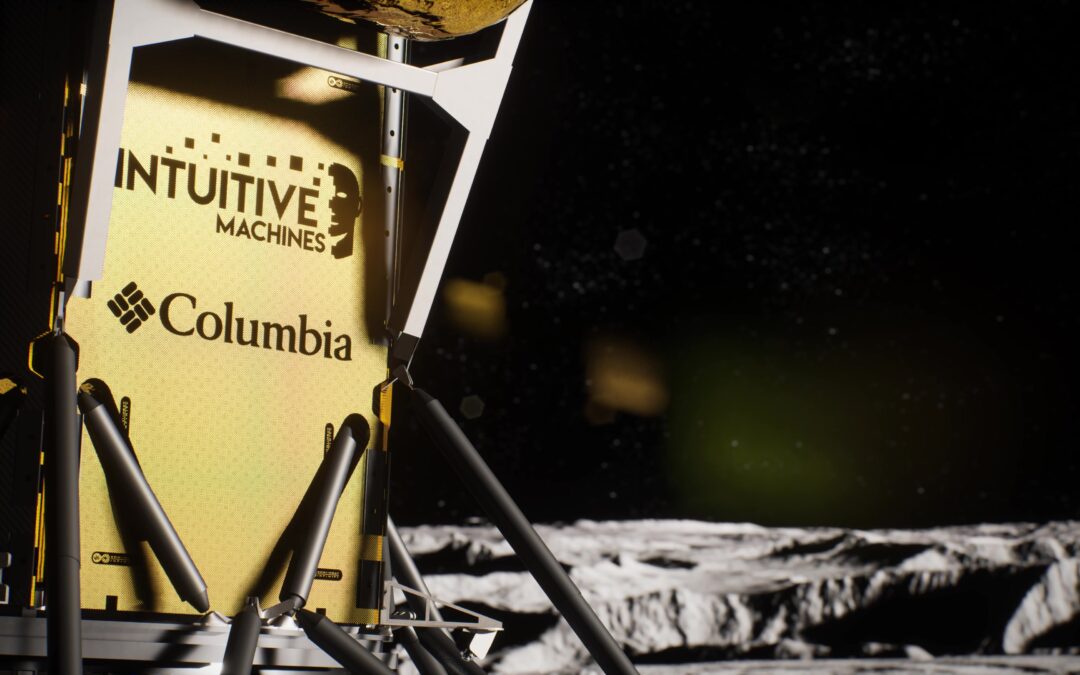 Columbia’s logo is visible on a protective panel on the Intuitive Machines Nova-C Lunar Lander