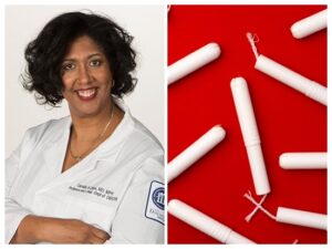 a headshot of Dr. Camille Clare and a photo of generic tampons on a red background.